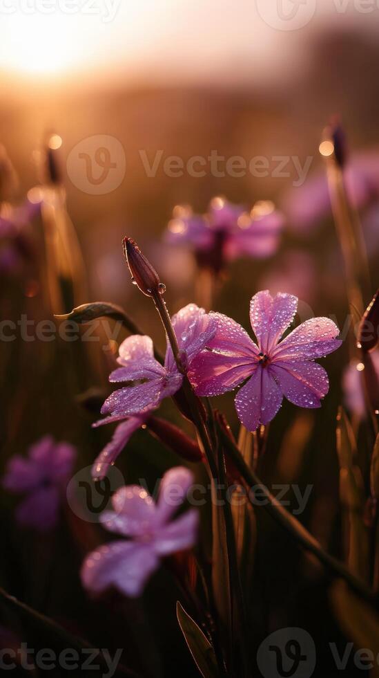 Breathtaking wildflowers in morning light with dew photo