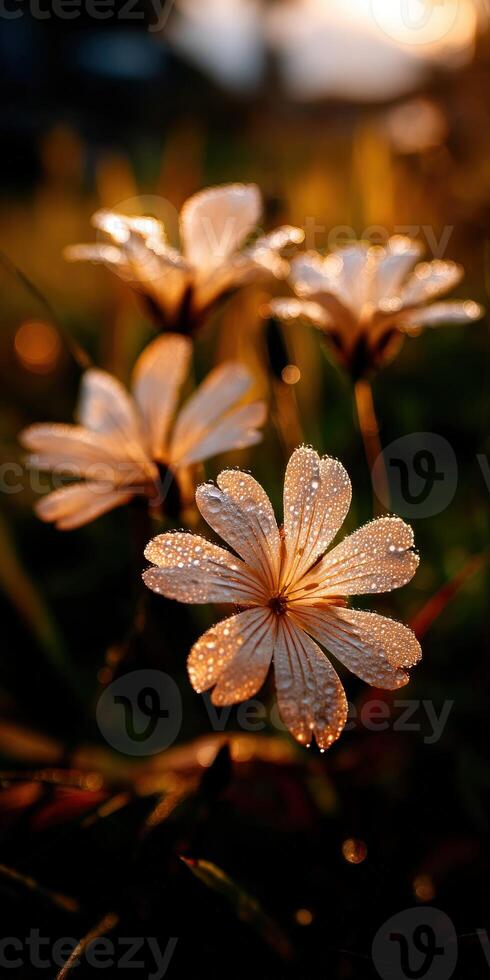 Wildflowers glisten with dew in golden sunlight photo