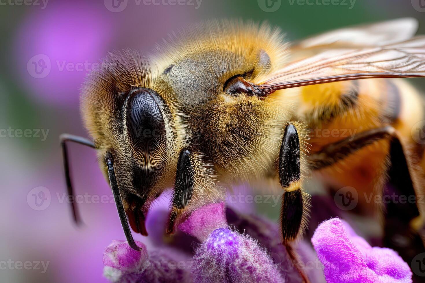 Close-up view of a honeybee on a flower petal photo