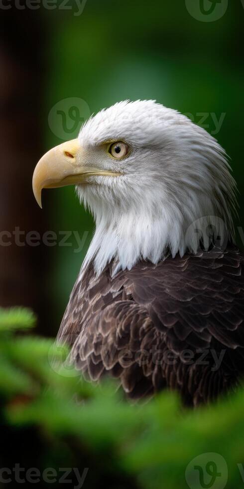 Bald eagle perched among green foliage in nature photo
