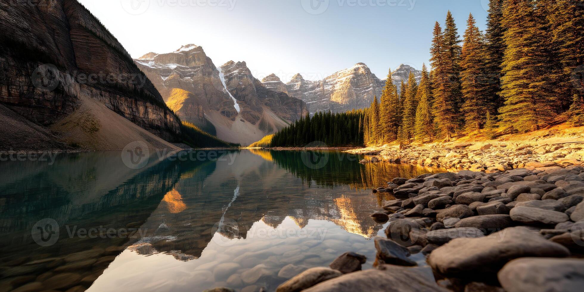 Reflections of mountains and trees in calm water photo