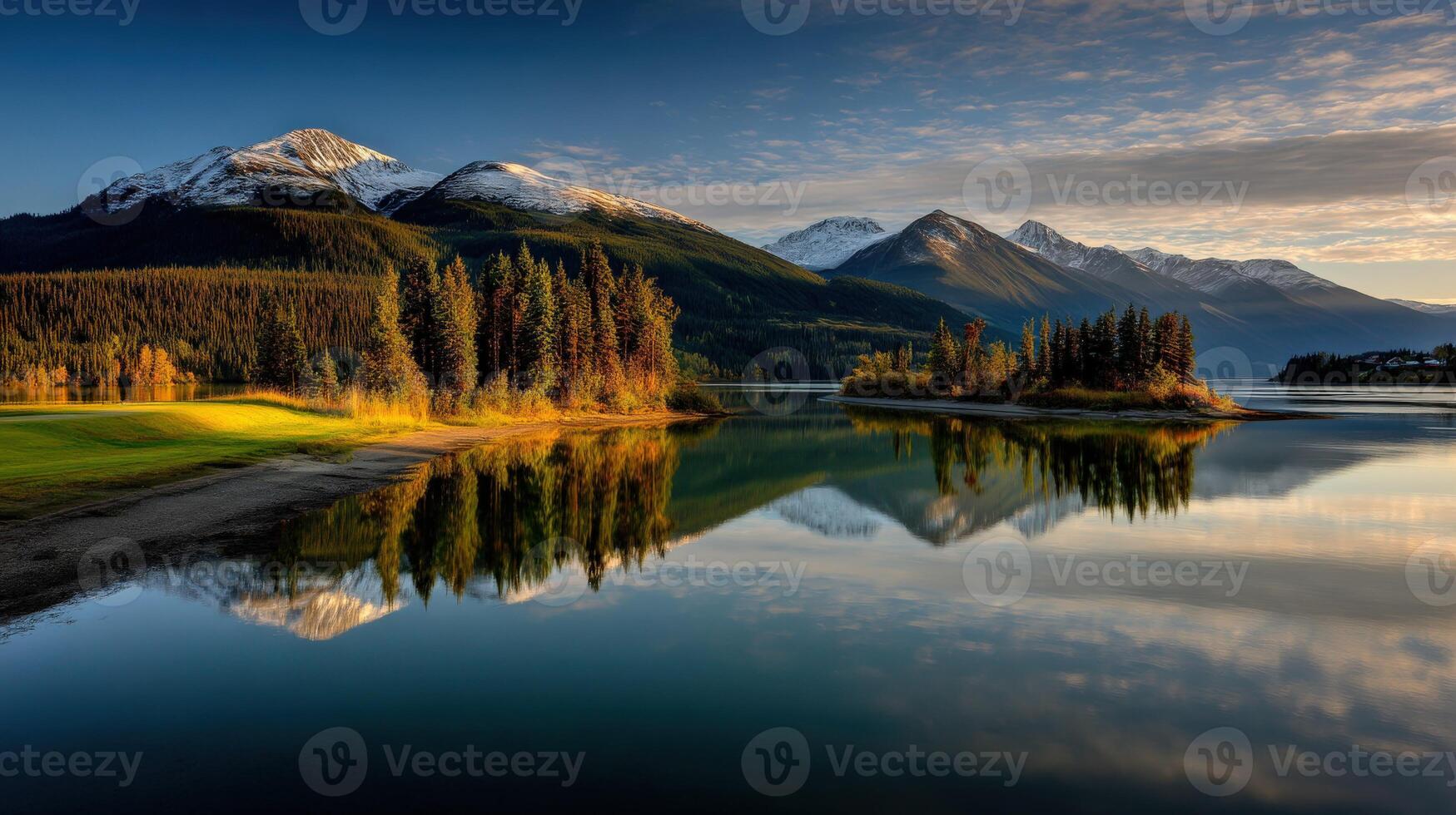 Mountain landscape with serene reflections in water photo