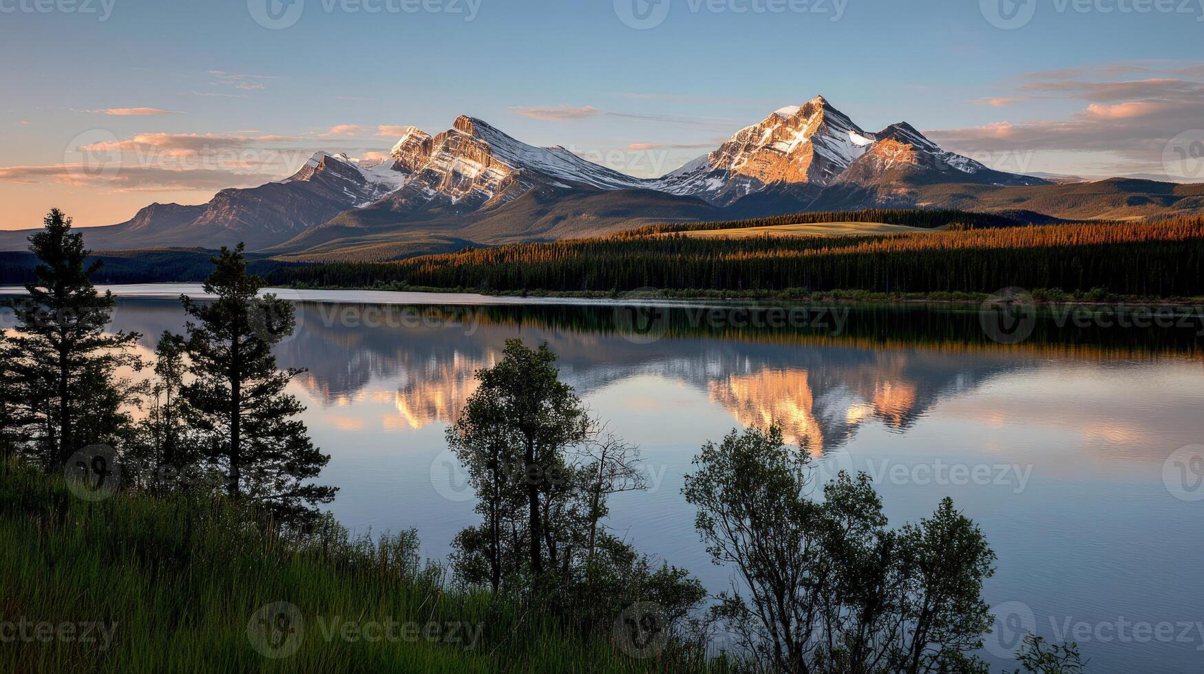 Beautiful mountain reflection at sunset near the lake photo