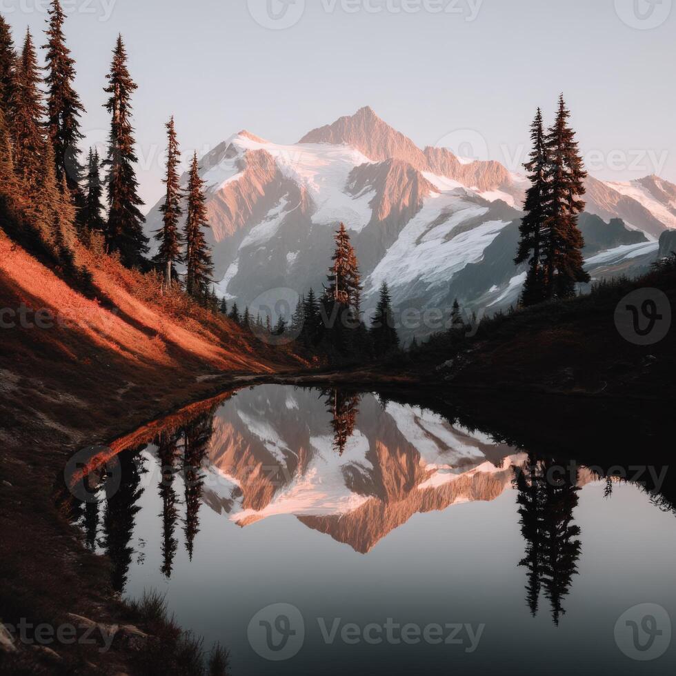Mountain reflection in still water at sunrise photo