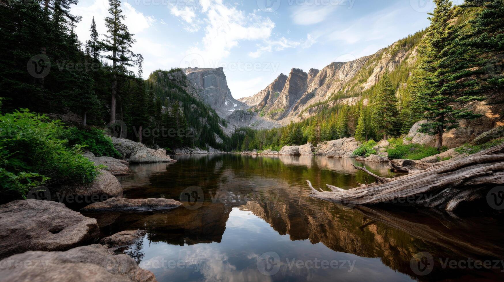 Reflective mountain lake with vibrant trees photo