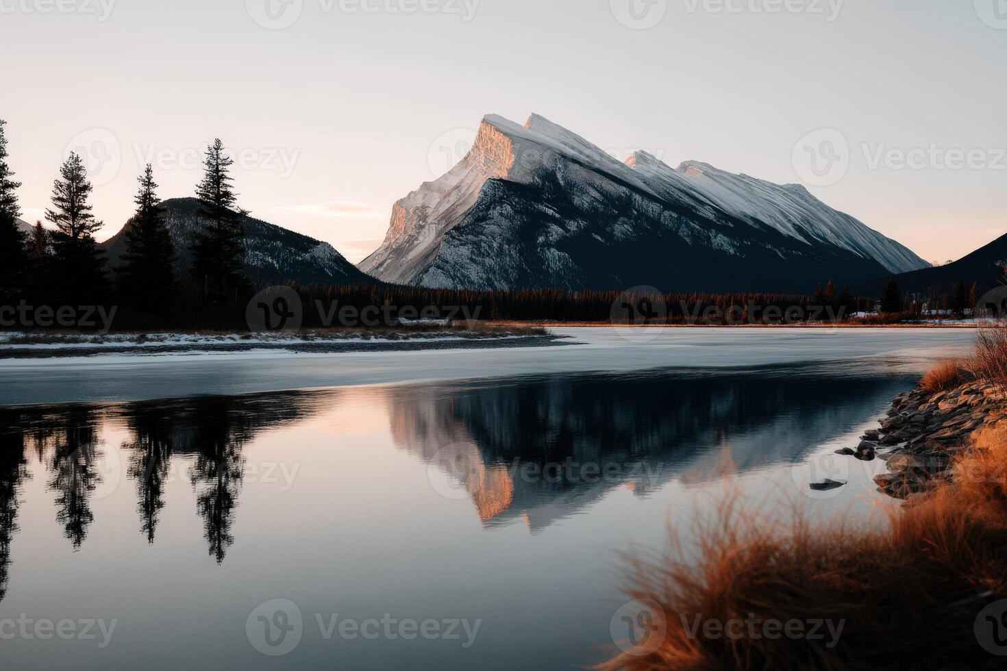 Reflections of mountains in serene waters at dusk photo