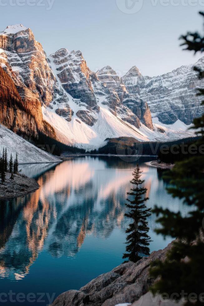 Majestic mountain landscape reflected in clear lake photo