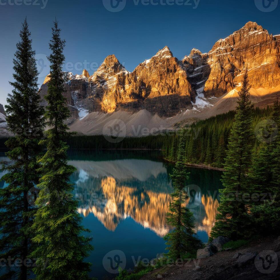 Stunning mountain reflection in tranquil lake at sunset photo