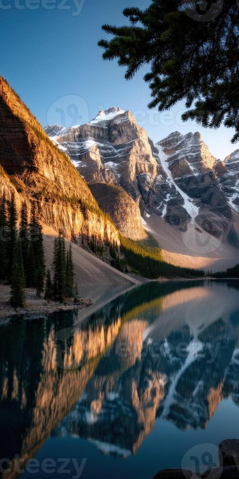 Majestic mountains reflecting in tranquil lake waters photo