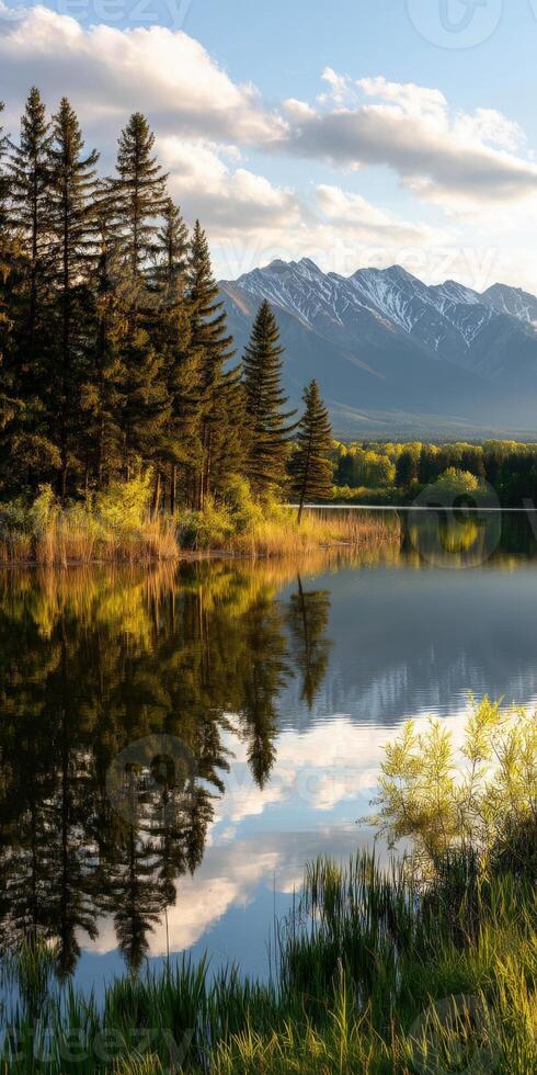 Sunset lake reflecting mountains and trees photo