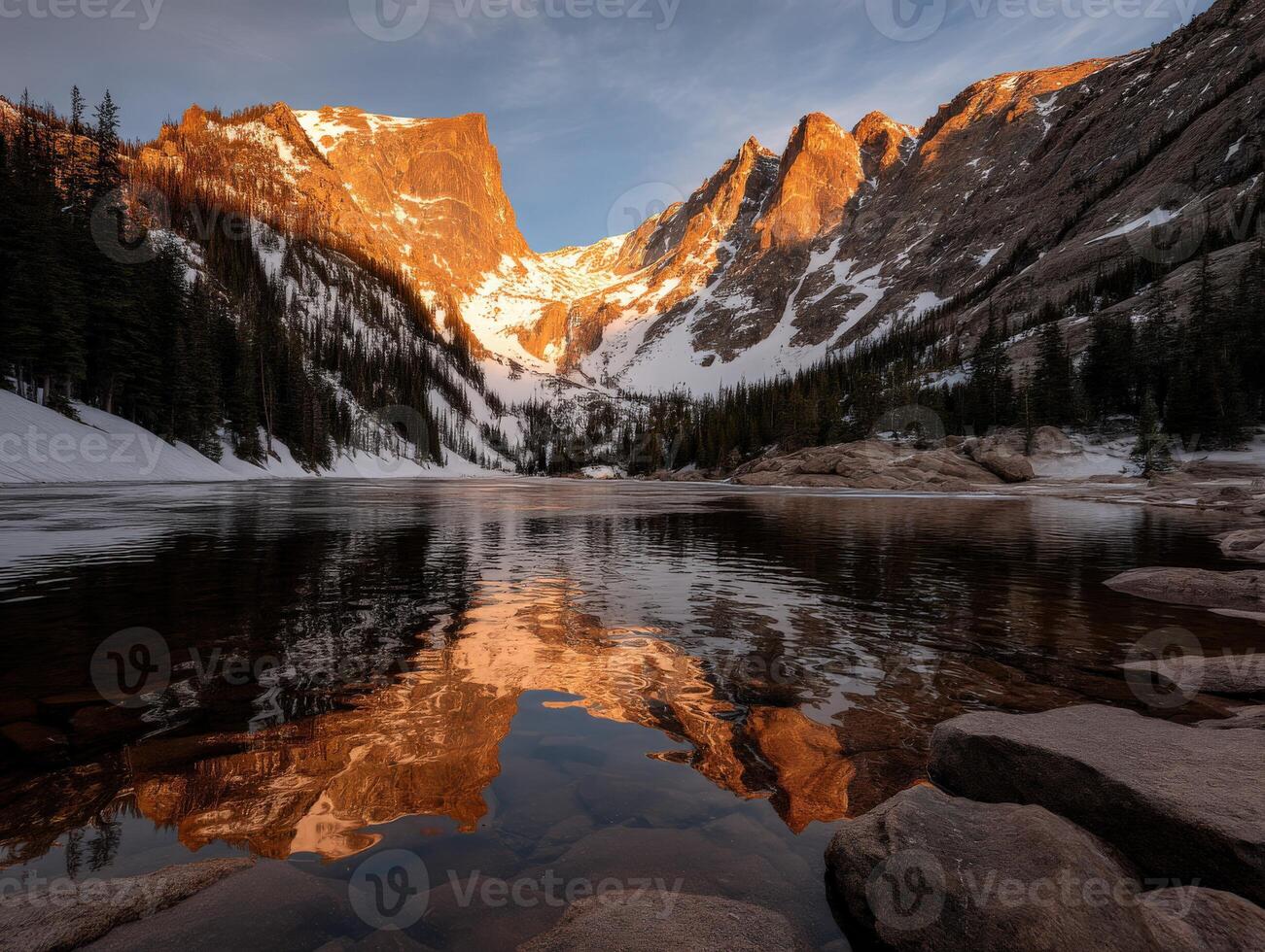 Stunning mountain lake reflecting golden sunrise light photo