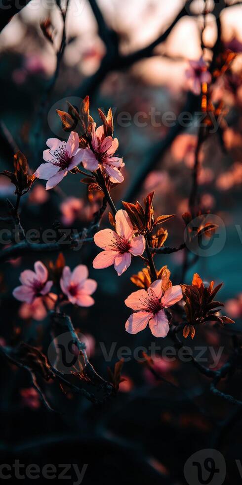 Delicate pink flowers bloom on branches as the sun sets photo