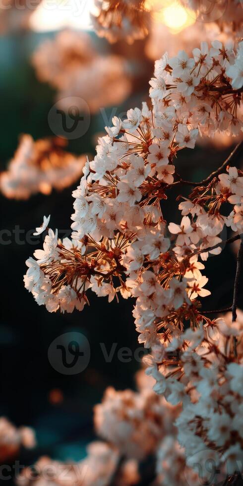Cherry blossoms bloom during sunset in a serene garden photo
