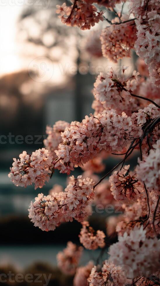 Blossoming cherry trees in a tranquil sunset setting photo