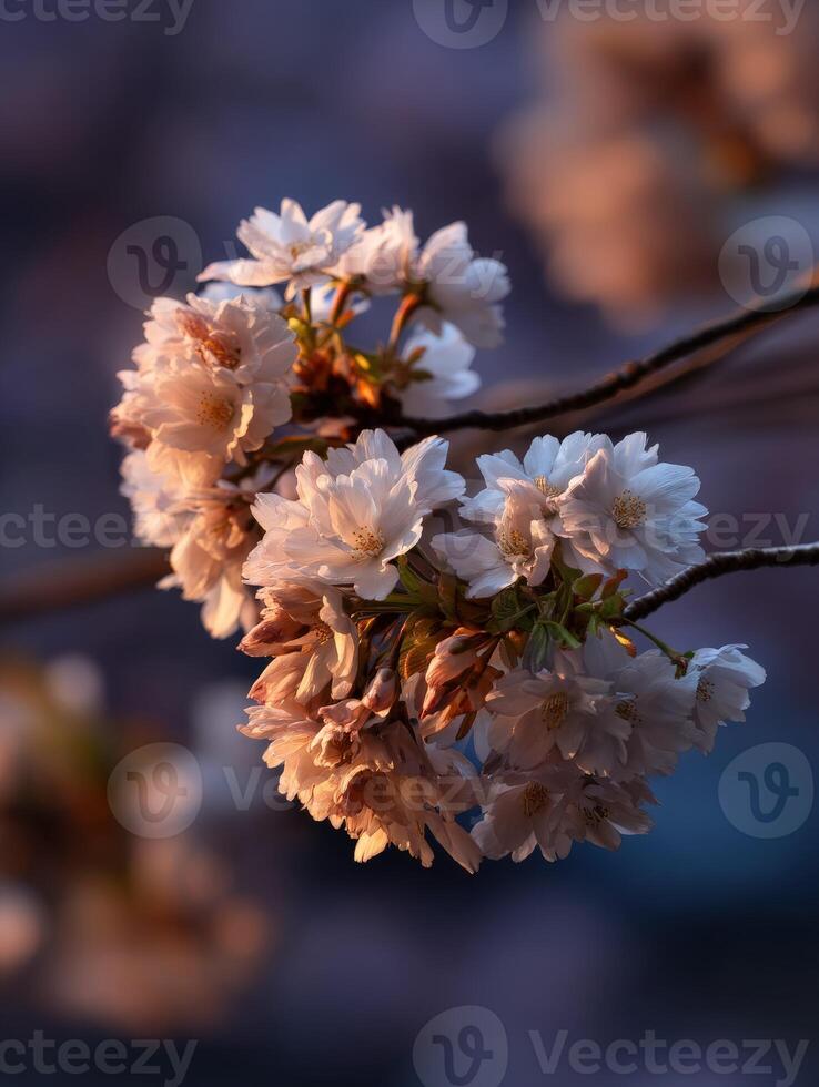 Cherry blossoms bloom at sunset in peaceful garden photo