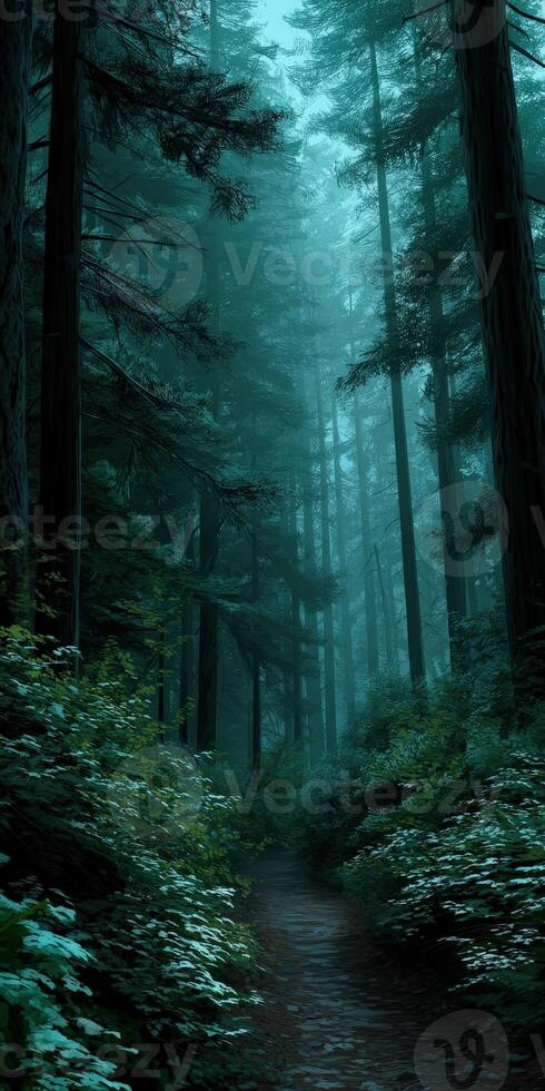 Exploring a misty forest path surrounded by tall trees photo