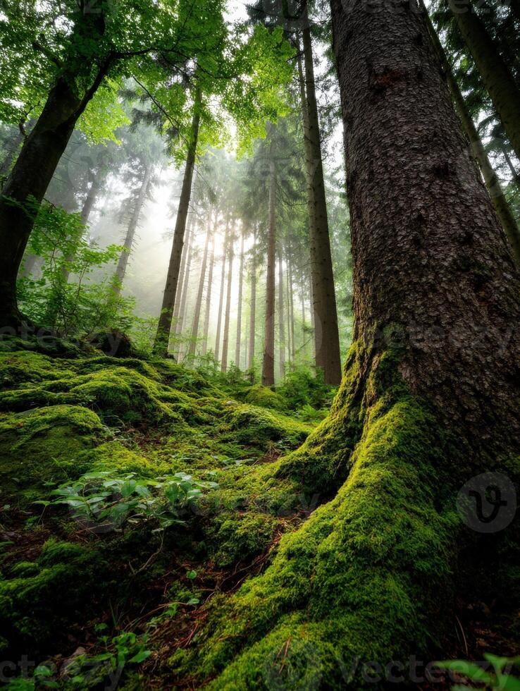 Misty forest with lush greenery and high trees photo
