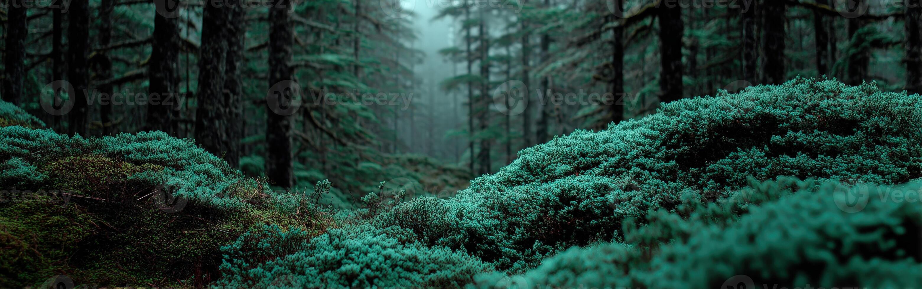 Lush green forest with misty atmosphere in nature photo
