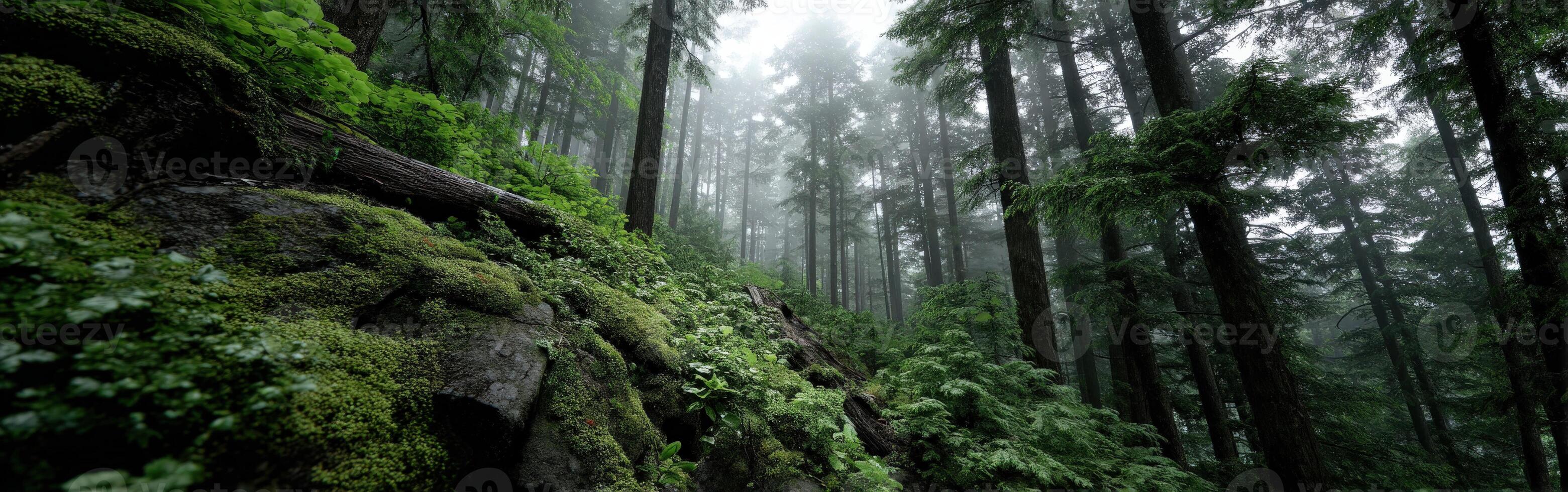 A forest with mossy trees and rocks photo