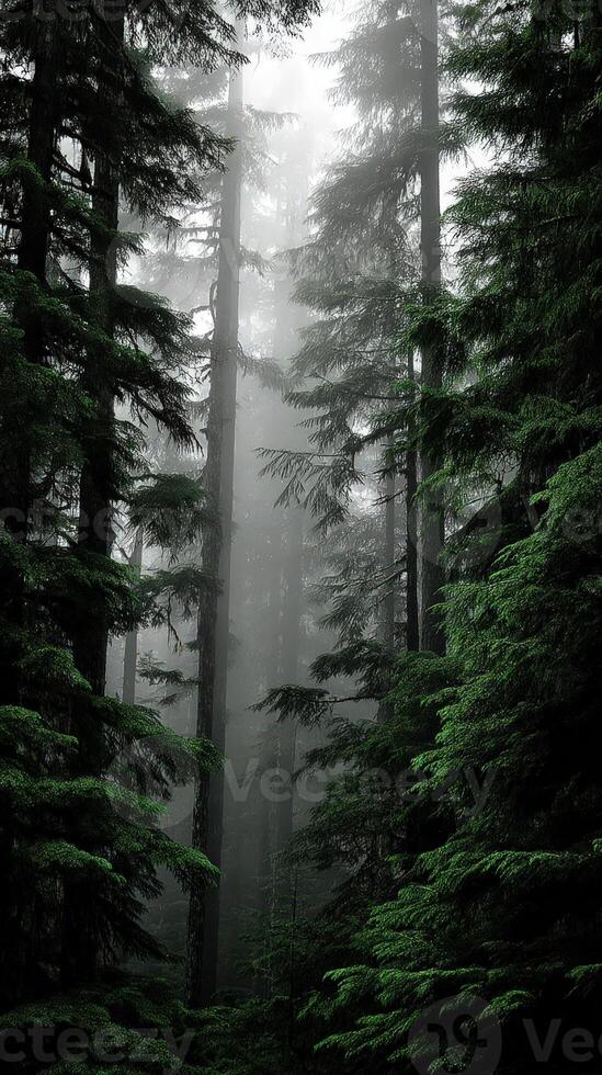 Misty forest with towering trees at dawn photo
