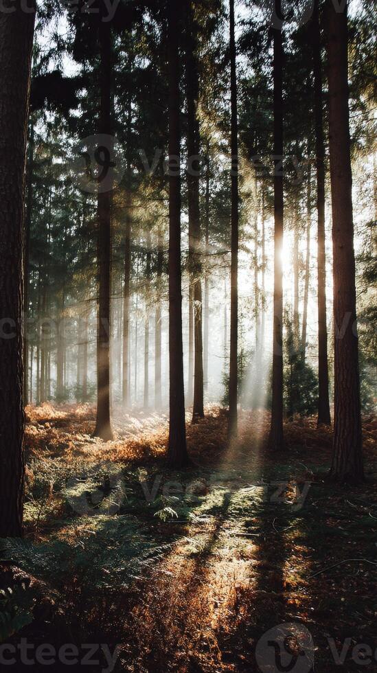 Light filters through trees in a tranquil forest photo