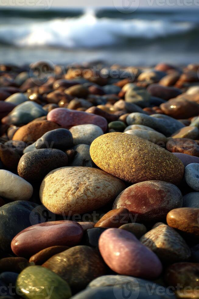 Colorful pebbles on a serene beach at sunset photo
