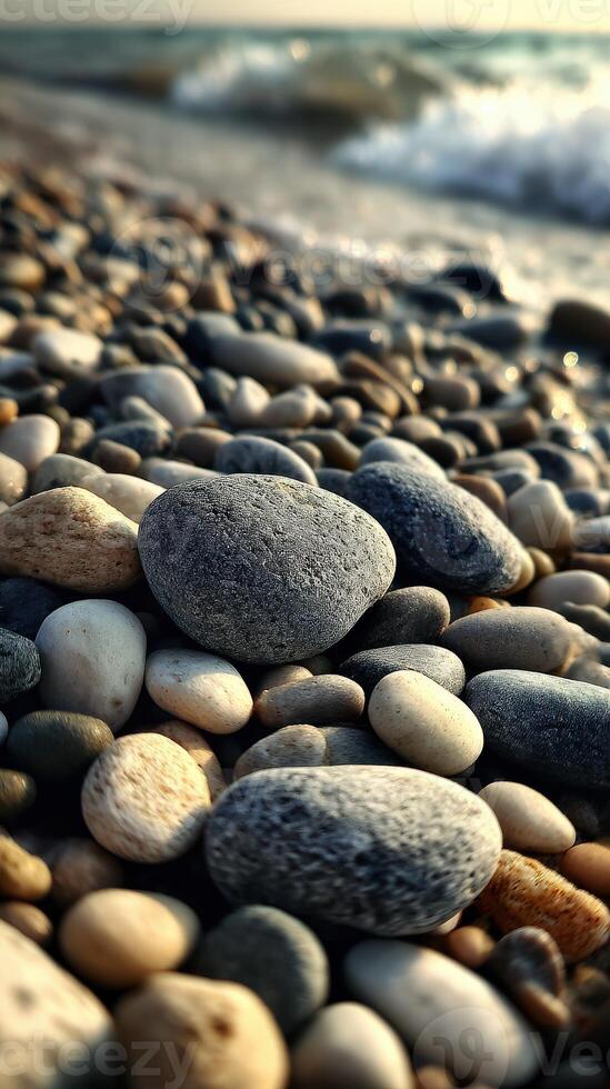 Beautiful pebbles along a serene beach shore photo