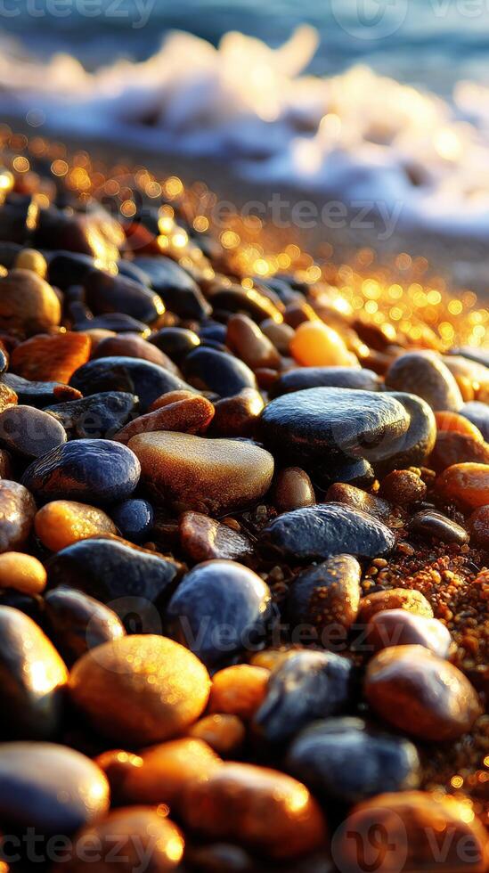 Colorful pebbles shimmer by a tranquil shoreline photo