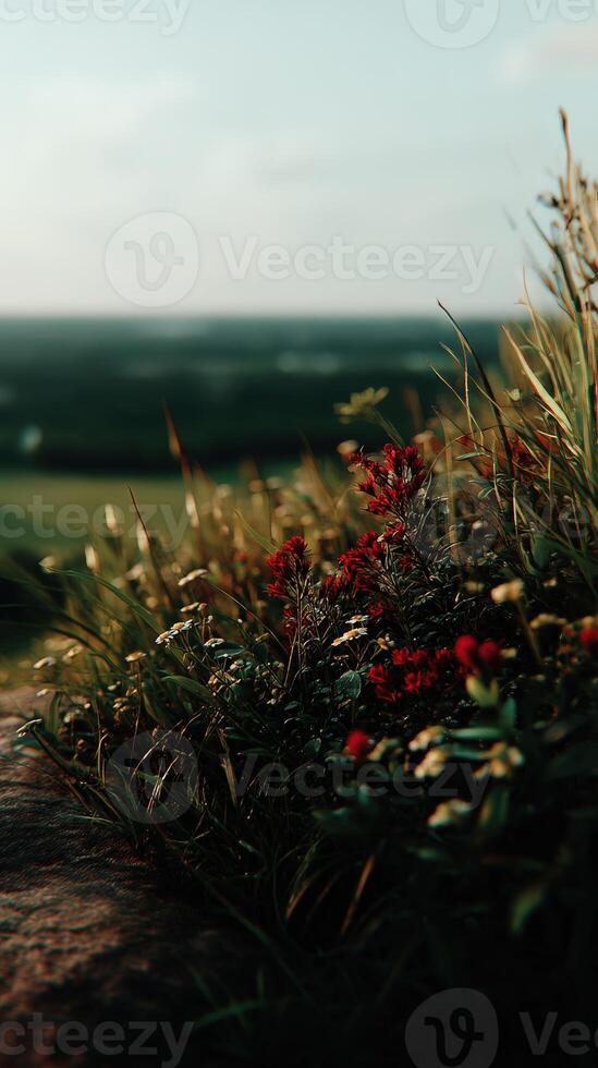 Vibrant wildflowers bloom on a hillside during sunset photo
