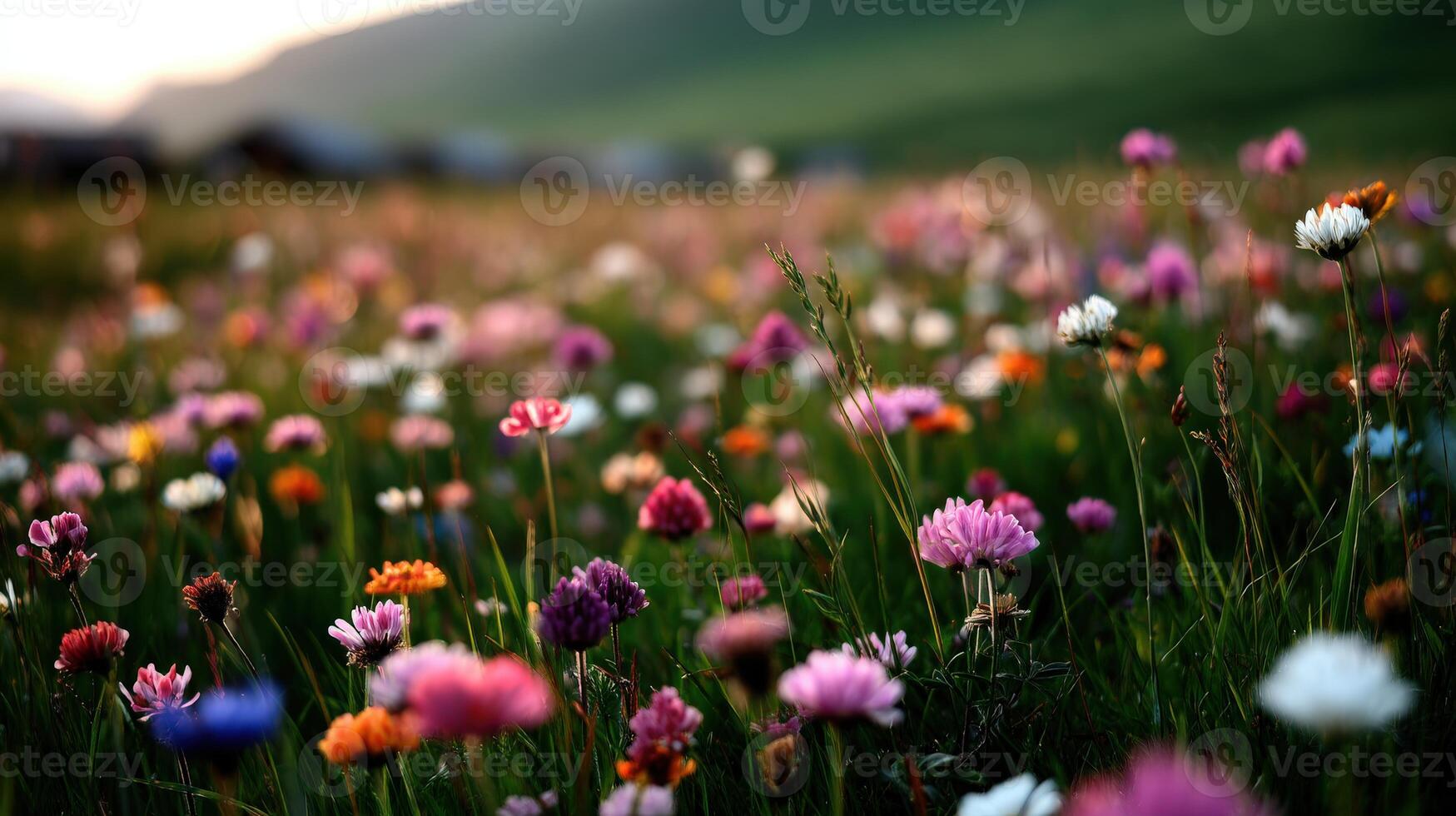 Colorful flowers bloom in a vibrant meadow at dusk photo