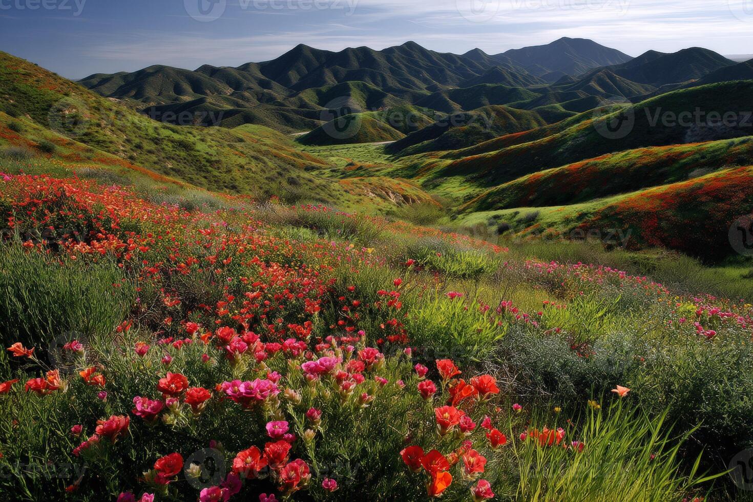 Vibrant wildflowers spread across rolling green hills photo