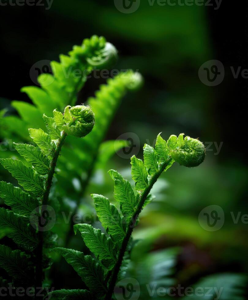 Lush green ferns unfurling in a forest setting photo