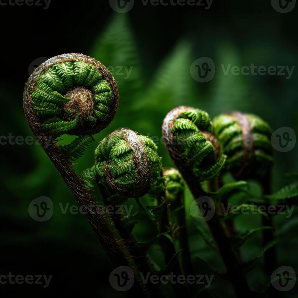 Fern fonds in lush green foliage at sunrise photo