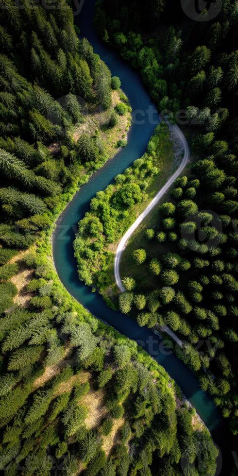 An aerial view of a winding river in the forest photo