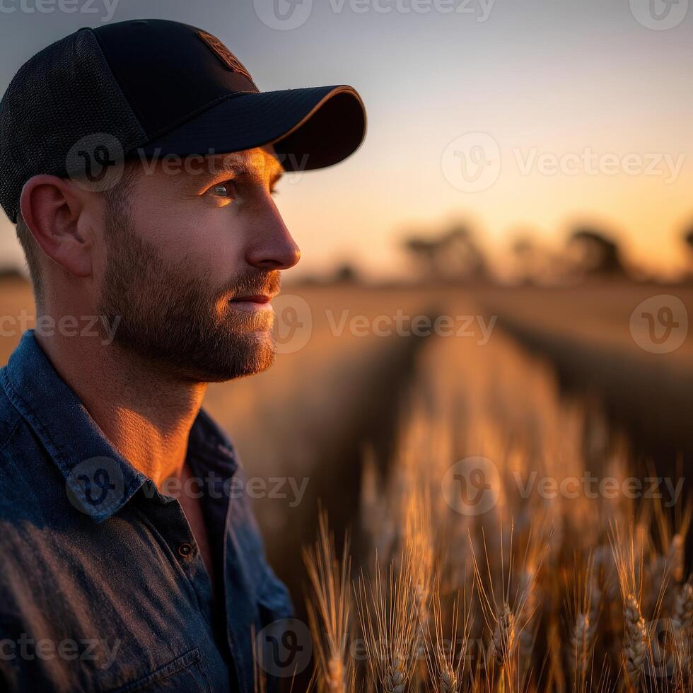 A man in a hat stands in a field of wheat photo