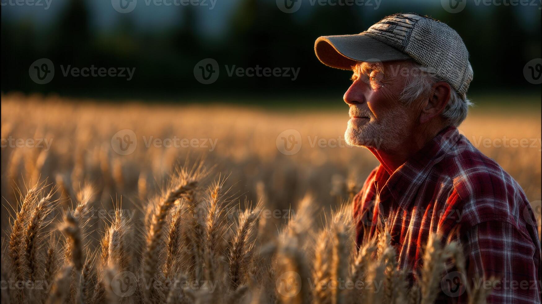 An older man in a plaid shirt and cap stands in a field of wheat photo