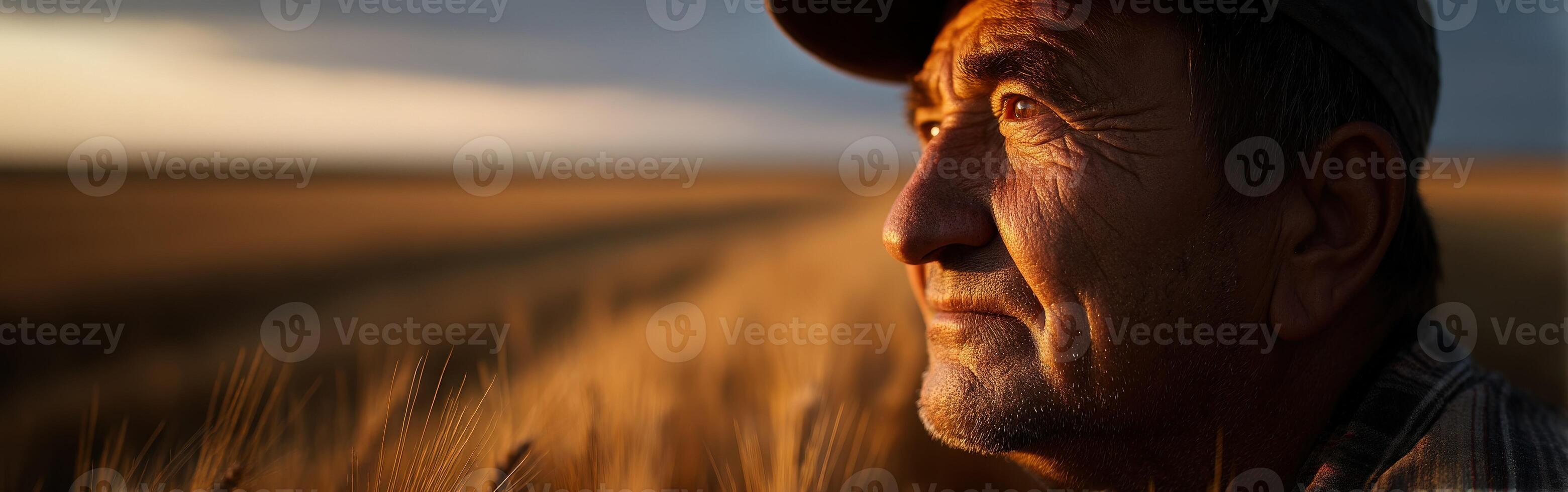 Farmer reflects on golden wheat field at sunset photo