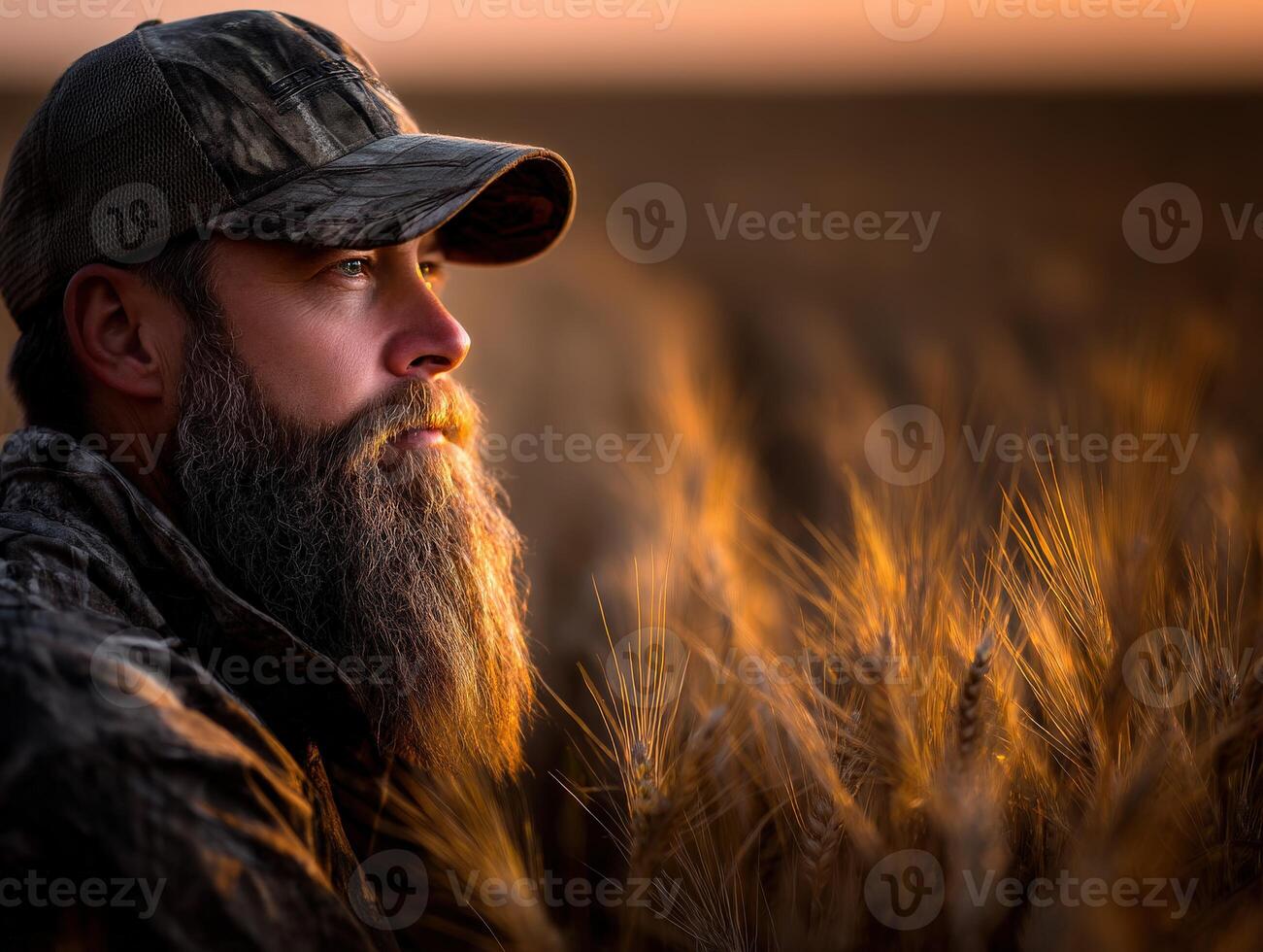 Man with beard gazes over golden wheat field at sunset photo