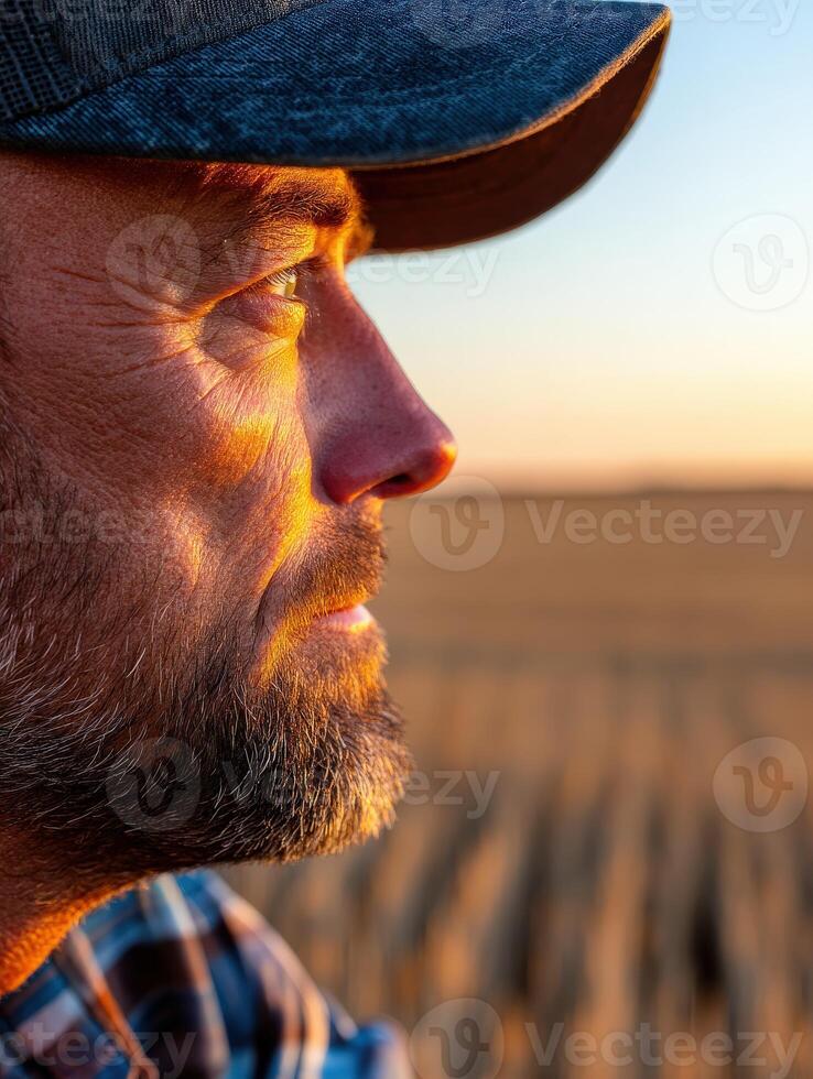 Profile of a man at sunset in a field photo
