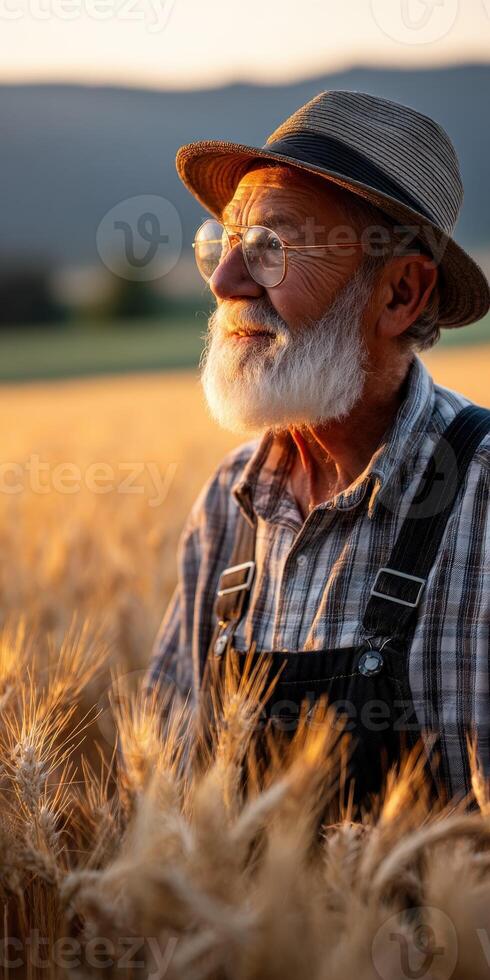 An old man in a hat and glasses standing in a wheat field photo