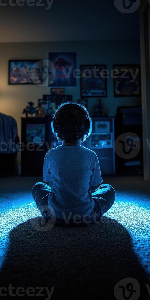 Child enjoys gaming in a cozy dimly lit room photo