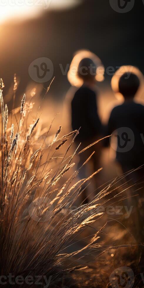 Children exploring golden fields at sunset photo