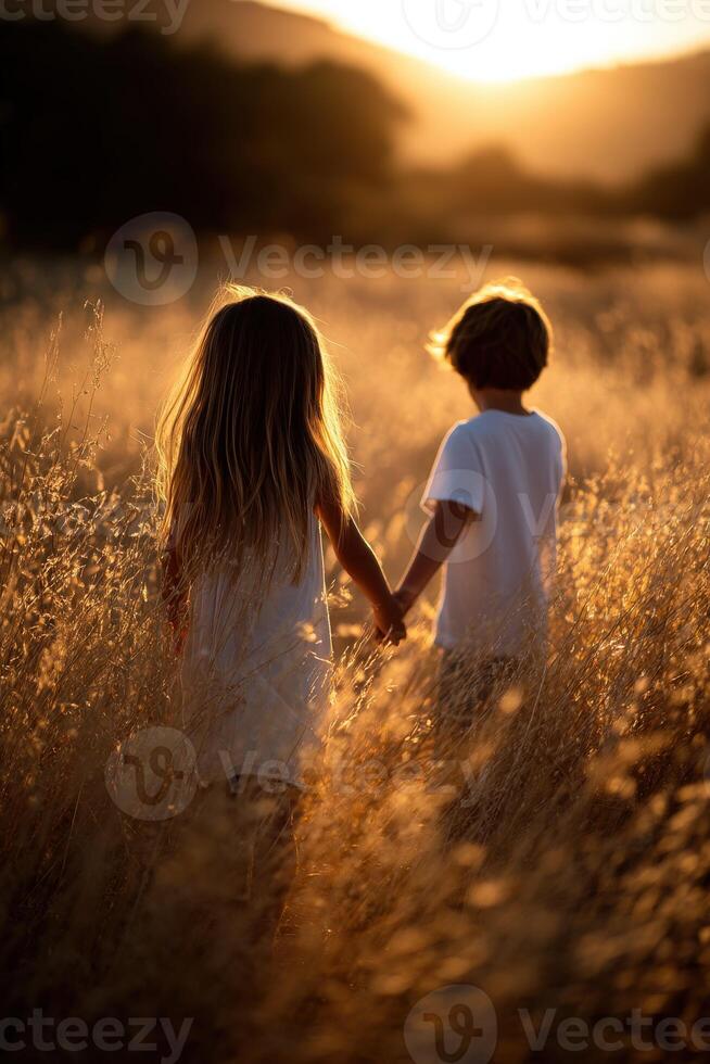 Children enjoy sunset walk in golden field photo