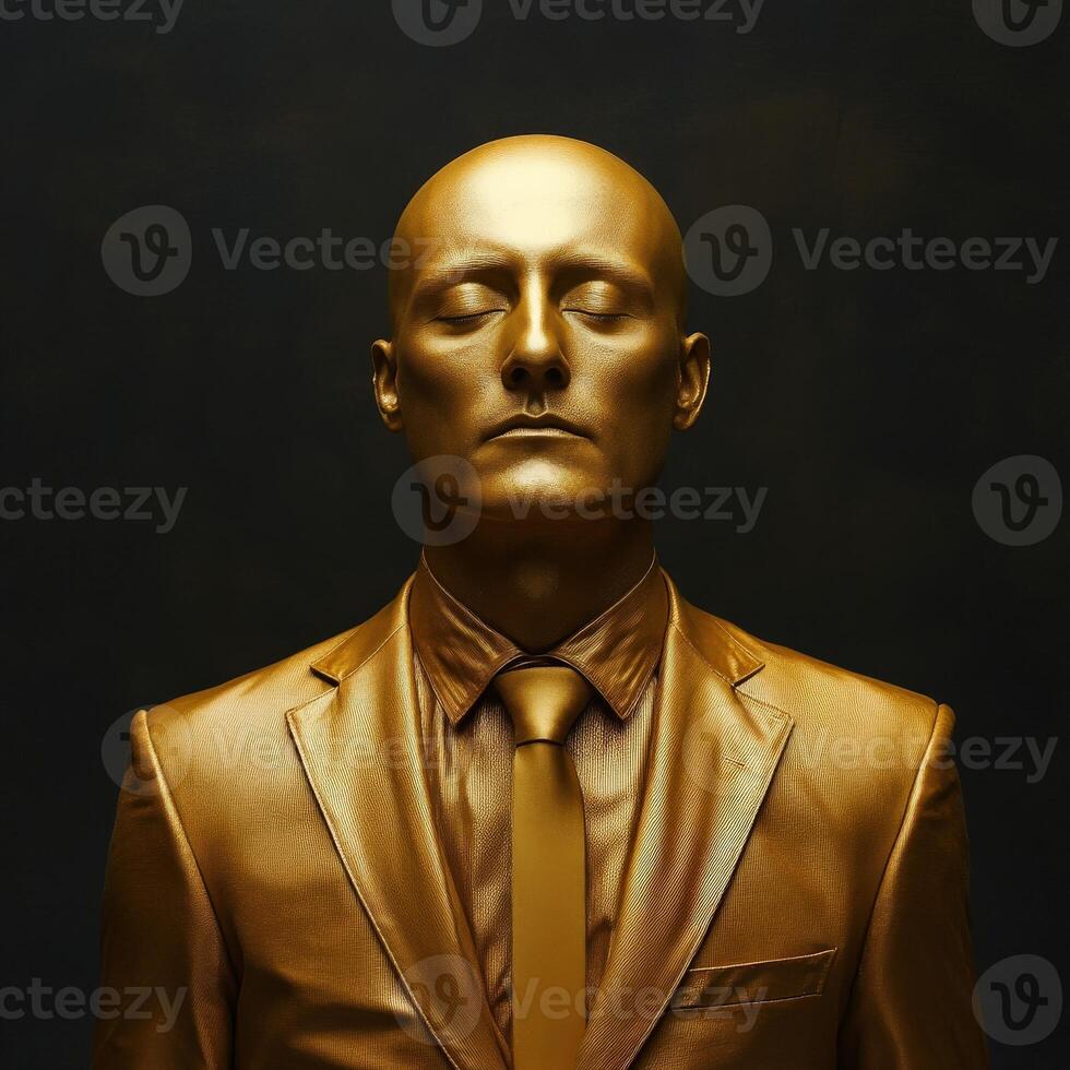 Golden figure in formal attire with serene expression photo