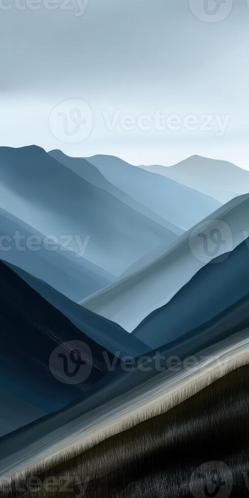A painting of mountains and hills with a blue sky photo