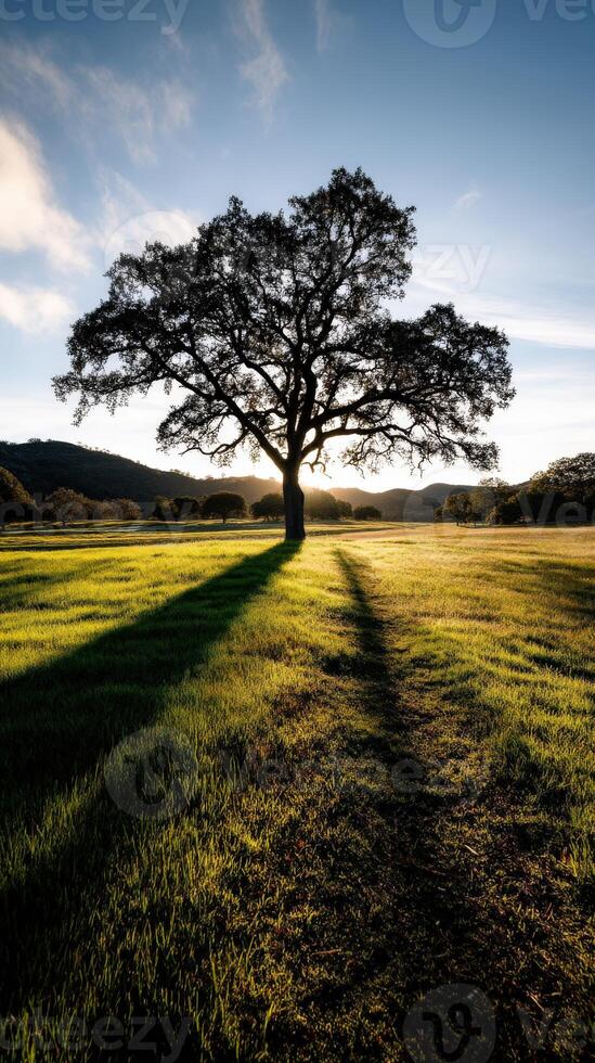 Lone tree casting long shadows at sunset in the field photo