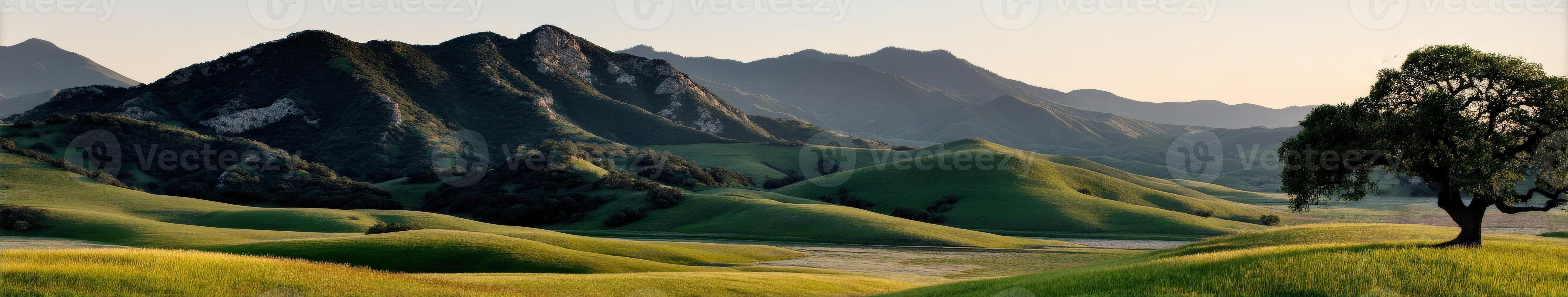 Rolling green hills under a clear sky at sunset photo