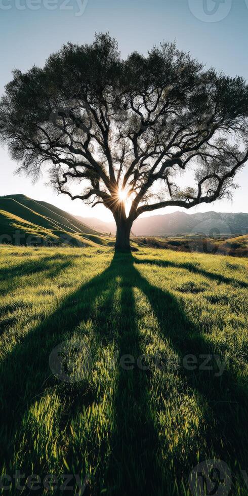 Sunset behind a large tree in a green field photo