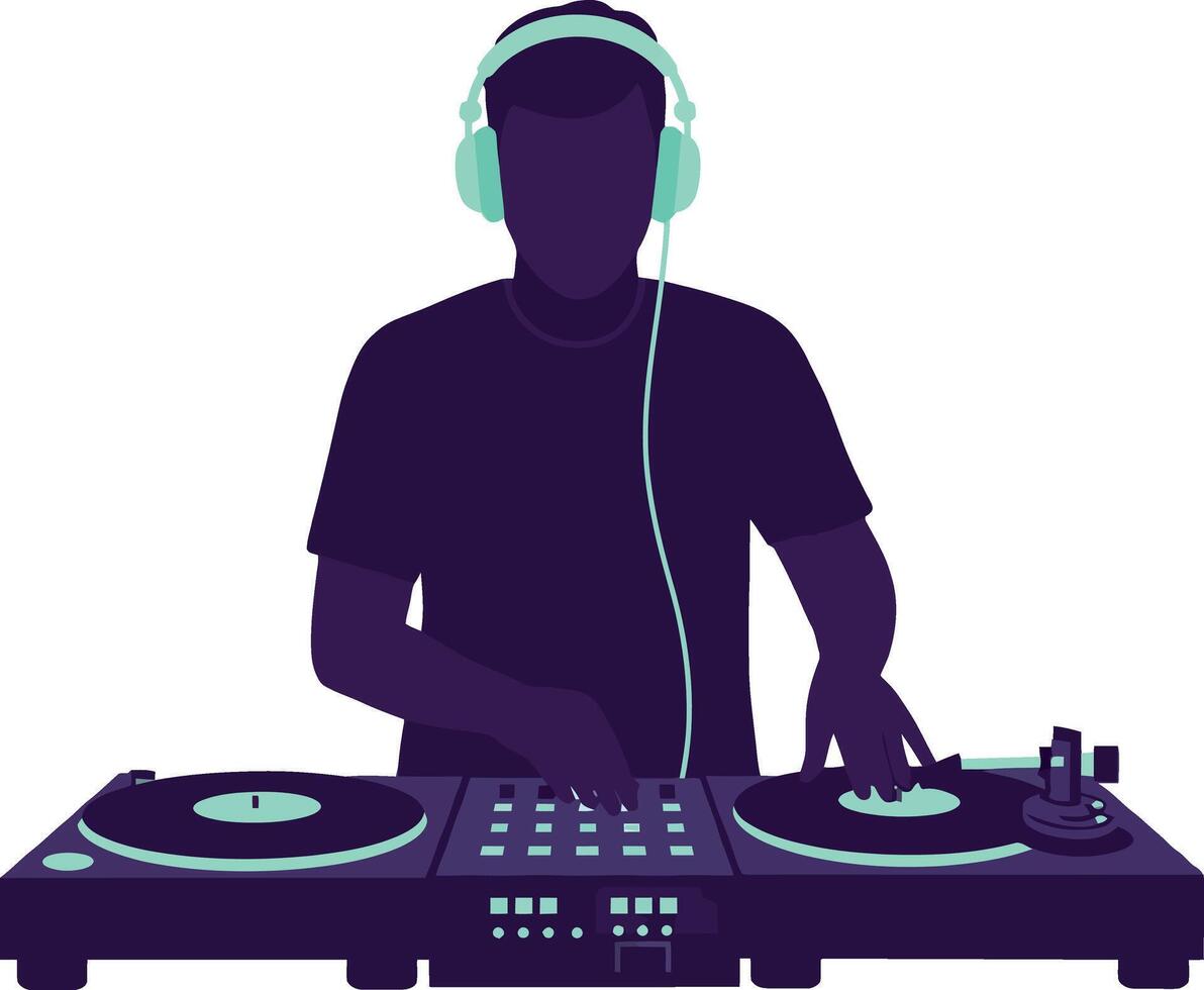DJ mixing music with headphones and turntables illustration in dark purple and turquoise colors vector