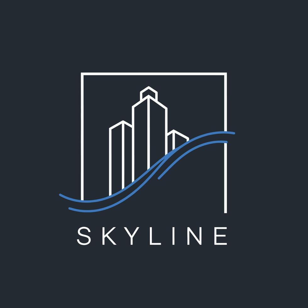 Skyline buildings logo design with blue wave element in modern style graphic vector